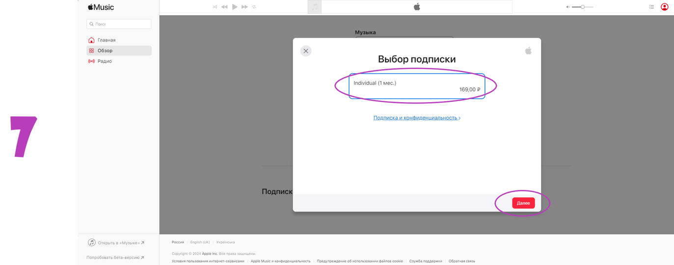 7 - В окошке 'Выбор подписки' выбираем Индивидуальную подписку